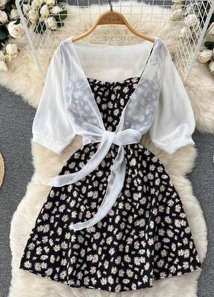 Невероятный комплект двойка блуза свободного кроя сарафан с цветочным принтом короткое платье7 фото
