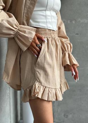 Жіночий літній костюм з льону (шорти + сорочка)4 фото