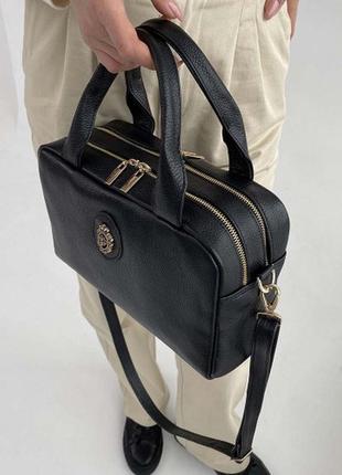Большая черная сумка с карманами из натуральной лаковой кожи женская3 фото