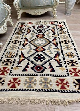 Турецький бежево-червоний килим з бавовни, без ворсу, двосторонній, розмір 60x906 фото