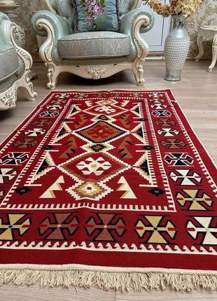 Турецький бежево-червоний килим з бавовни, без ворсу, двосторонній, розмір 60x907 фото