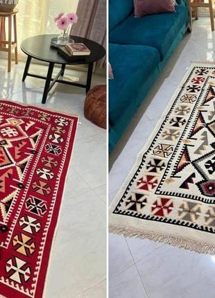Турецький бежево-червоний килим з бавовни, без ворсу, двосторонній, розмір 60x902 фото