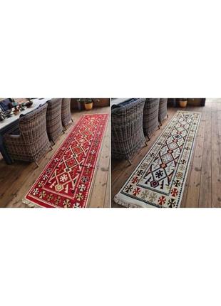 Турецький бежево-червоний килим з бавовни, без ворсу, двосторонній, розмір 60x9010 фото