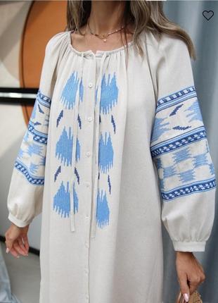 Платье коттоновое бежевое в синий орнамент 50,52,543 фото