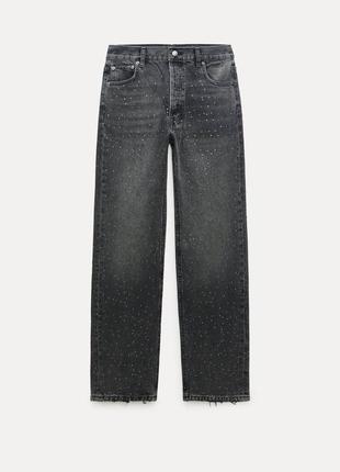 Темно серые черные джинсы средняя посадка zara прямые уровни со стразами блестками8 фото
