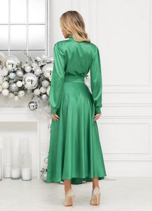 Зеленое шелковое платье с бантом3 фото
