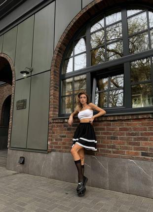 Женская трендовая черная пышная укороченная короткая юбка мини шифон с кружевом4 фото