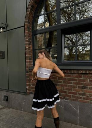 Женская трендовая черная пышная укороченная короткая юбка мини шифон с кружевом9 фото