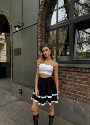 Женская трендовая черная пышная укороченная короткая юбка мини шифон с кружевом3 фото