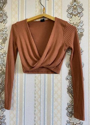 Вкорочений светр, кроп топ, світло коричневий топік в рубчік