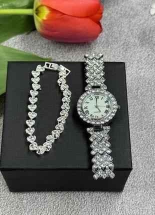 Набір срібного кольору: браслет та годинник (100710)5 фото