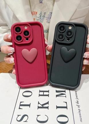Силіконовий 3д чохол-накладка на телефон. протиударний чехол на iphone case 11 pro max, 14 pro max, бордовий матовий чохол з сердечком 3d