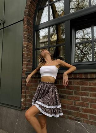 Женская трендовая коричневая пышная укороченная короткая юбка мини шелк с кружевом8 фото