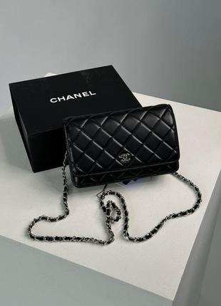 Мини стильная женская сумка chanel classic шанель классика натуральна кожа в черном цвете бренд на цепочке черной