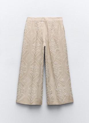 Широкие бежевые брюки с вышивкой zara new2 фото