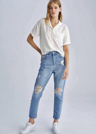 Трендові блакитні джинси мом з потертостями висока посадка 140 см