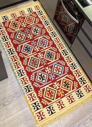 Червоно-жовтий турецький килим з ромбами, з натуральної бавовни, розмір 60x909 фото