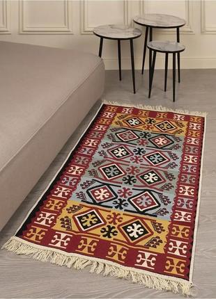 Червоно-жовтий турецький килим з ромбами, з натуральної бавовни, розмір 60x90