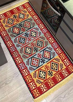 Червоно-жовтий турецький килим з ромбами, з натуральної бавовни, розмір 60x9010 фото