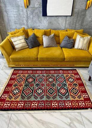 Червоно-жовтий турецький килим з ромбами, з натуральної бавовни, розмір 60x904 фото