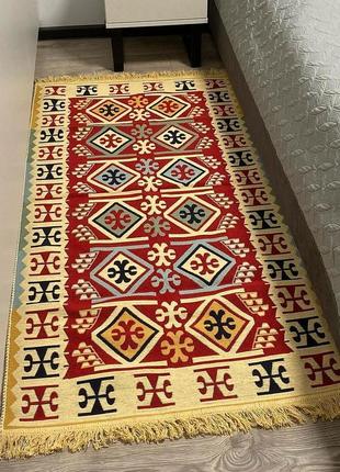 Червоно-жовтий турецький килим з ромбами, з натуральної бавовни, розмір 60x907 фото
