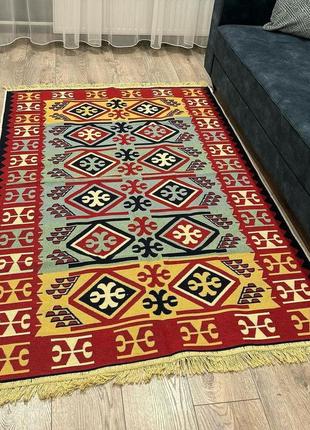 Червоно-жовтий турецький килим з ромбами, з натуральної бавовни, розмір 60x90