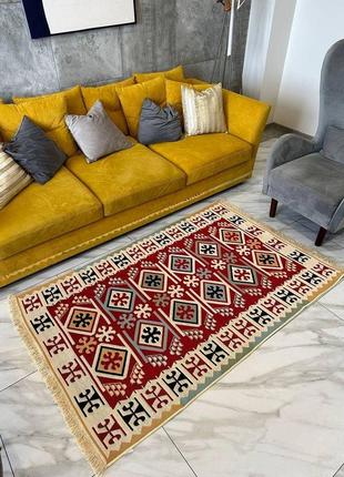 Червоно-жовтий турецький килим з ромбами, з натуральної бавовни, розмір 60x903 фото