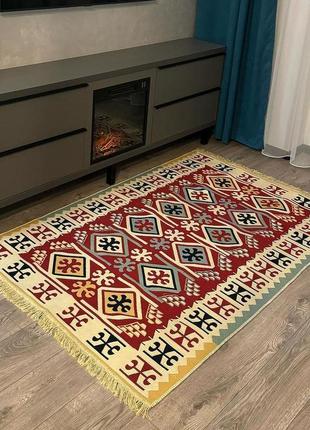 Червоно-жовтий турецький килим з ромбами, з натуральної бавовни, розмір 60x90