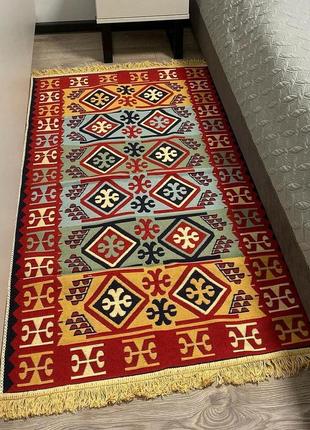 Червоно-жовтий турецький килим з ромбами, з натуральної бавовни, розмір 60x908 фото