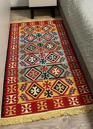 Червоно-жовтий турецький килим з ромбами, з натуральної бавовни, розмір 60x90