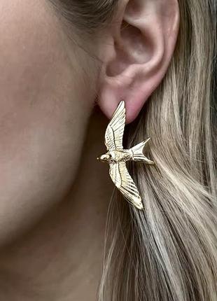 Серьги птицы медсталь, гипоаллергенные сережки под золото птицы, серьги птицы