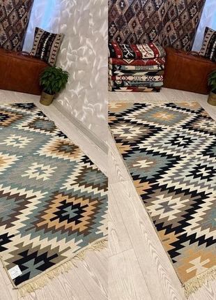 Зелений турецький, двосторонній килим без ворсу, з натуральної бавовни, розмір 80x1503 фото