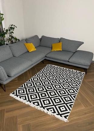 Чорно-білий турецький, двосторонній, безворсовий килим, розмір 60x908 фото