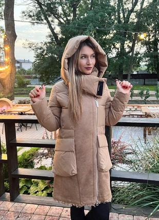 Куртка женская длинная пальто теплая осенняя на осень демисезонная стеганая базовая с капюшоном белая черная бежевая серая утепленная батал7 фото