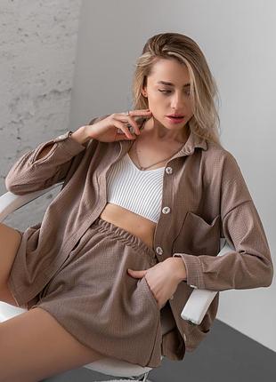 Костюм рубашка і шорти, класний повсякденний комплект сорочка на ґудзиках і шортики, вільна рубашка з довгим рукавом з шортами