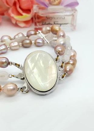🔺🐚🪸шикарный трехрядный браслет натуральный речной жемчуг, лунный камень, перламутр