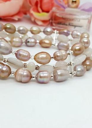 🔺🐚🪸шикарный трехрядный браслет натуральный речной жемчуг, лунный камень, перламутр