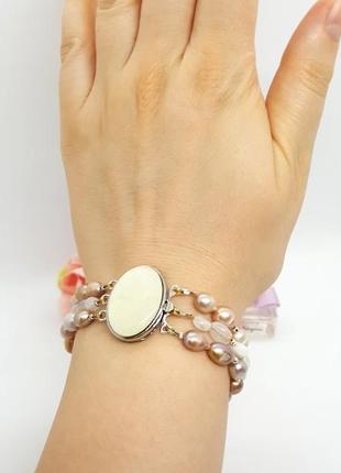 🔺🐚🪸шикарный трехрядный браслет натуральный речной жемчуг, лунный камень, перламутр