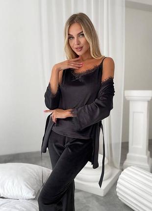 Велюровая пижама с брюками с майкой теплая женская осенняя на осень серая черная розовая лиловая зеленая кружевесная брюки домашний костюм батал