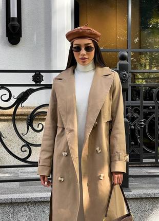 Женский классический тренч из коттона, длинный двубортный плащ миди, с поясом, на пуговицах, базовый, без принта