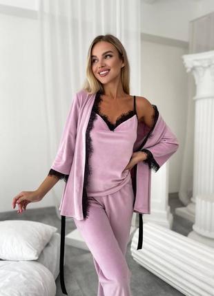 Велюровая пижама с брюками с майкой теплая женская осенняя на осень серая черная розовая лиловая зеленая кружевесная брюки домашний костюм батал