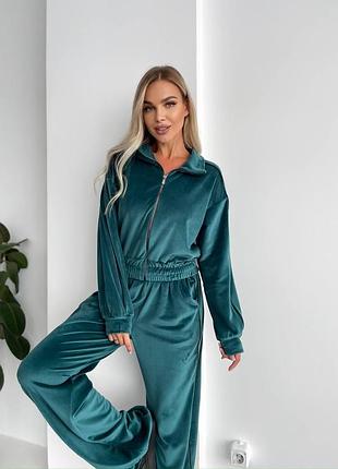 Велюровый спортивный костюм женский базовый теплый зеленый голубой розовый серый осенний на осень демисезонный без капюшона