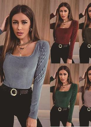 Велюровые женские водолазки в рубчик - серый, бордо, зеленый