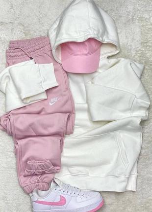 Спортивний костюм найк nike худі оверсайз подовженний штани джоггери вільні комплект білий сірий рожевий червоний на флісі толстовка трендовий