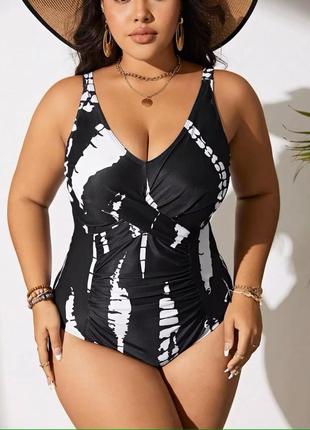 Слитный купальник plus size (xl-5xl) черный с белым абстракция