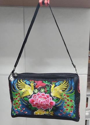 Сумка текстильна , вишивка, етно, сумочка квіти, птахи6 фото