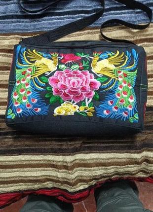 Сумка текстильна , вишивка, етно, сумочка квіти, птахи5 фото