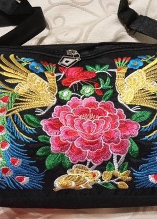 Сумка текстильна , вишивка, етно, сумочка квіти, птахи7 фото