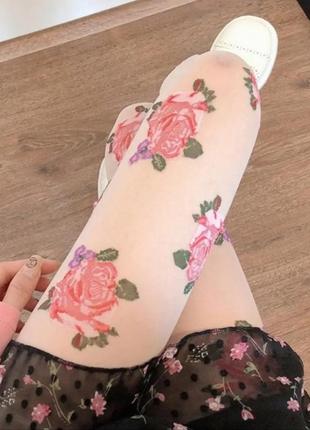 Колготки женские белые в крупные розы