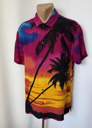 Primark гавайка рубашка тенниска гавайская вискоза принт пляж пальмы закат яркая красочная